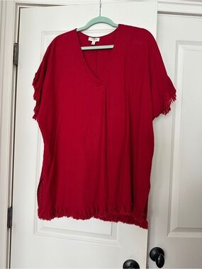 Umgee Red V-Neck Fringe Sleeve Tunic